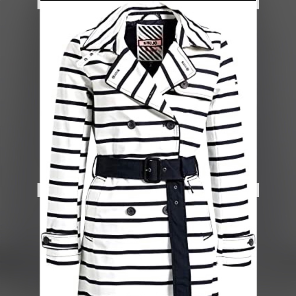 * SOLD * Khujo White and Navy Striped Trench Coat Size XL